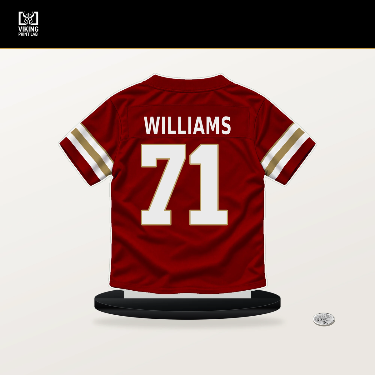 Trent Williams number 71 San Francisco 49ers jersey stand with included black base.