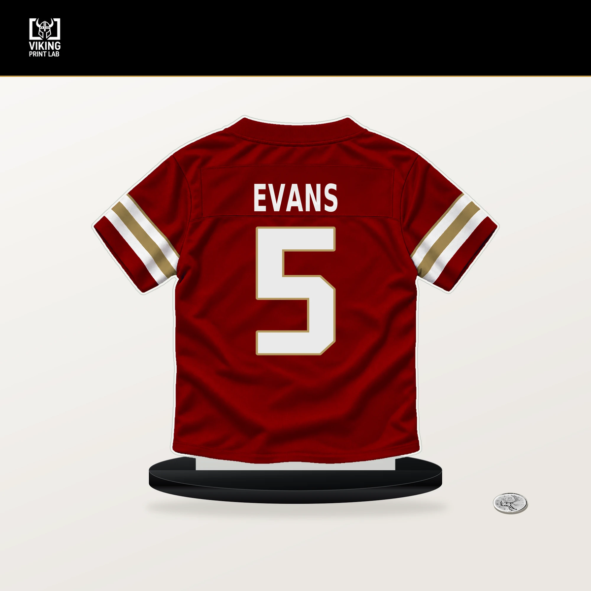 Mike Evans number 5 San Francisco 49ers jersey stand with included black base.