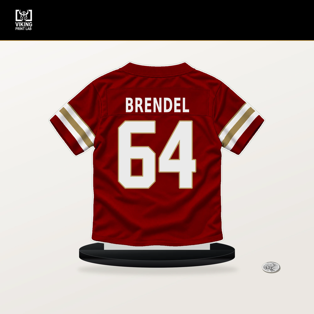 Jake Brendel number 64 San Francisco 49ers jersey stand with included black base.
