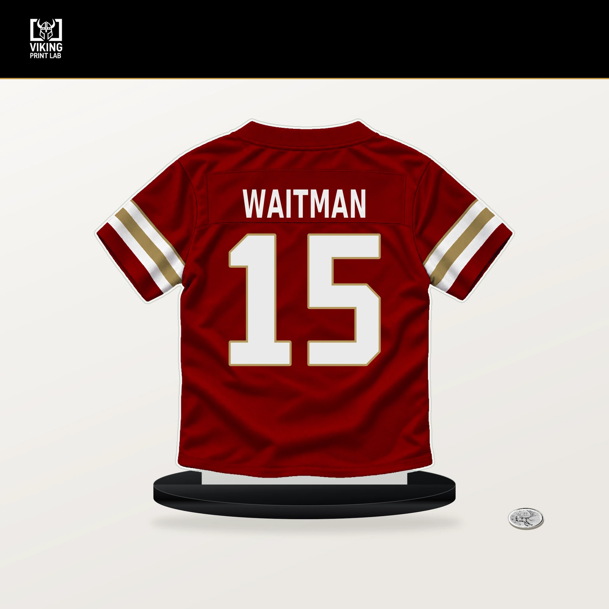 Corliss Waitman number 15 San Francisco 49ers jersey stand with included black base.