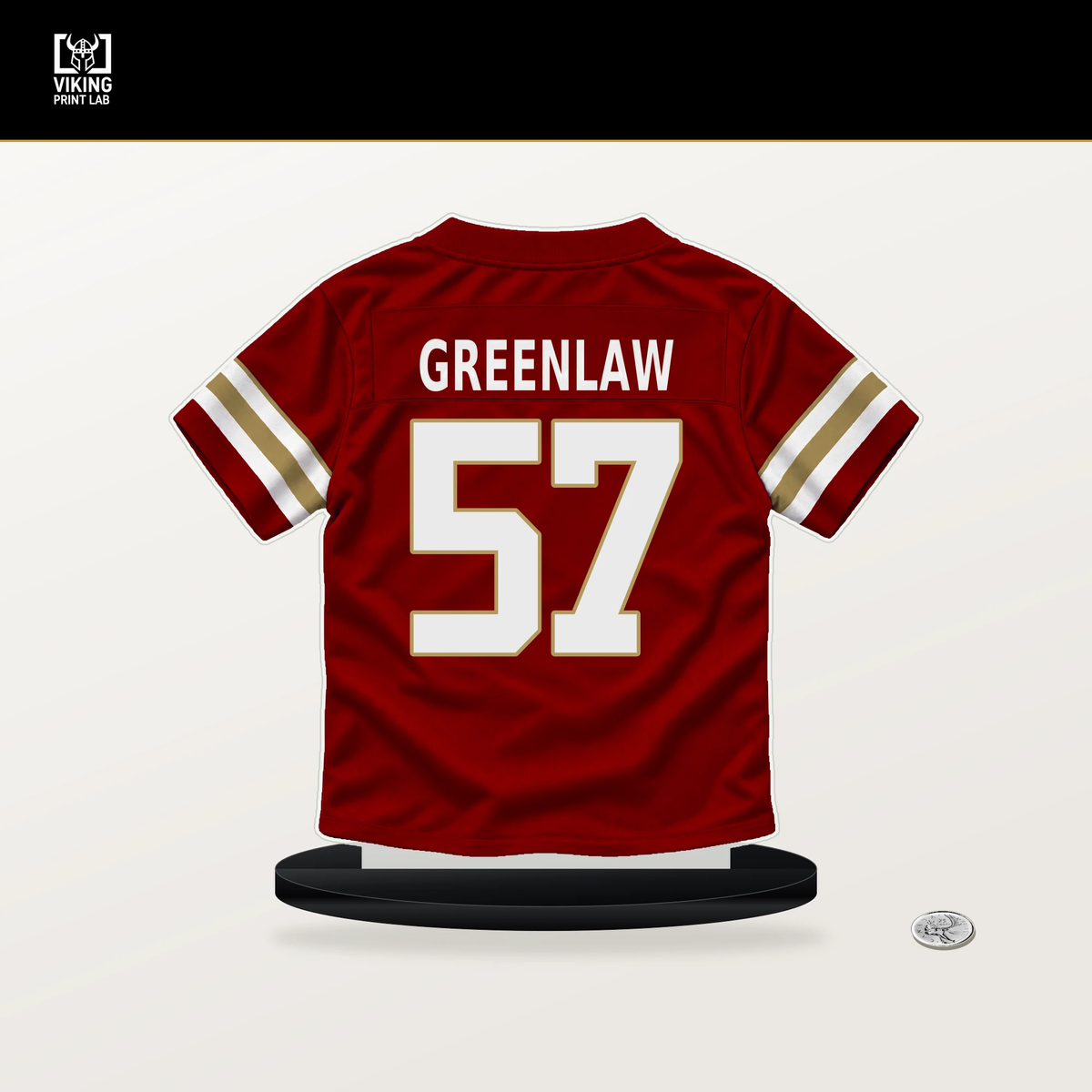 Dre Greenlaw number 57 San Francisco 49ers jersey stand with included black base.