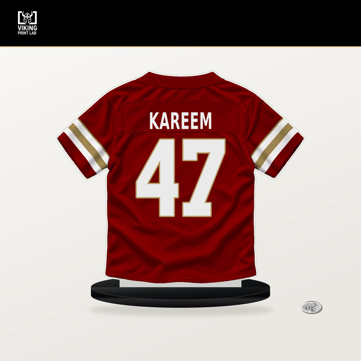 Khalid Kareem number 47 San Francisco 49ers jersey stand with included black base.