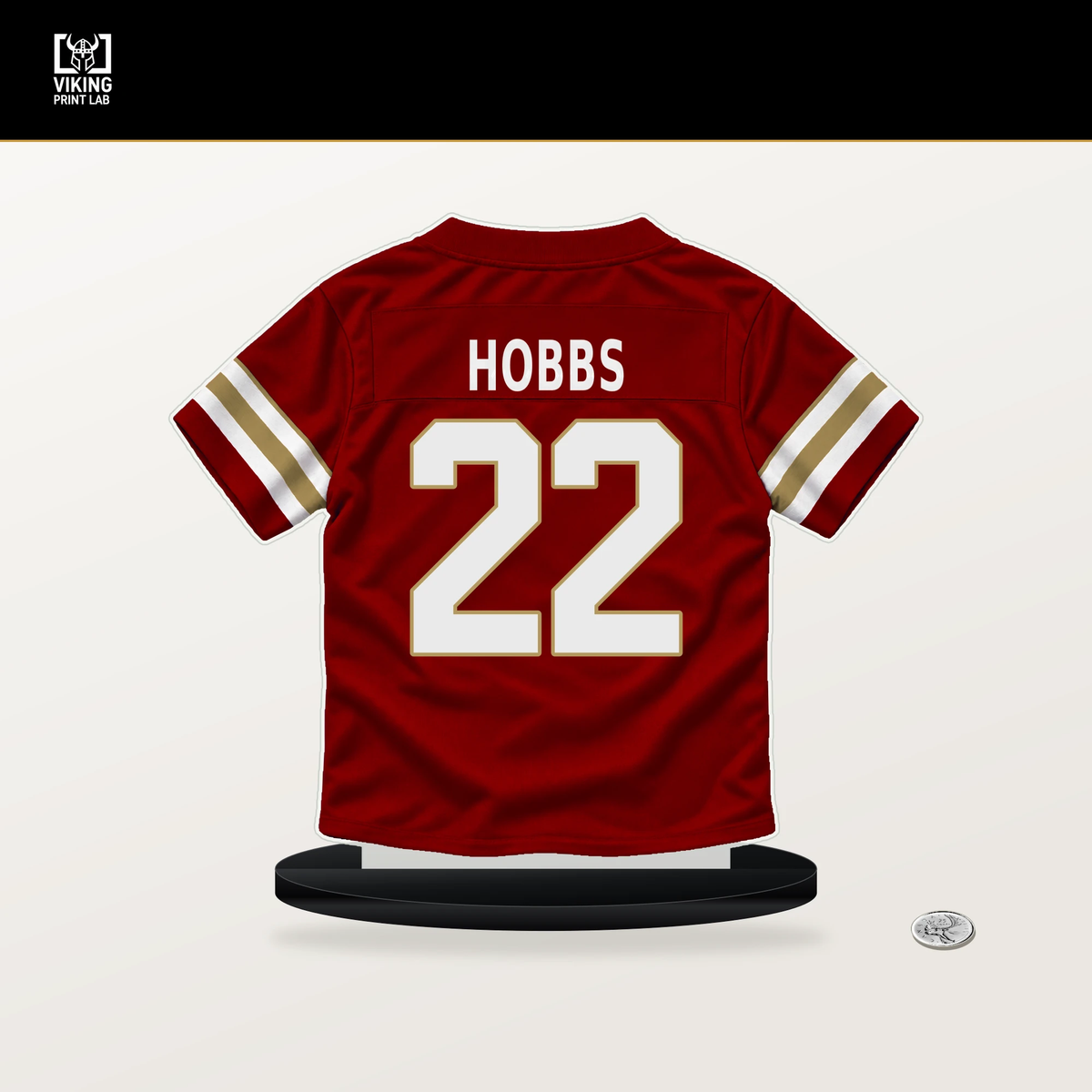 Nate Hobbs number 22 San Francisco 49ers jersey stand with included black base.