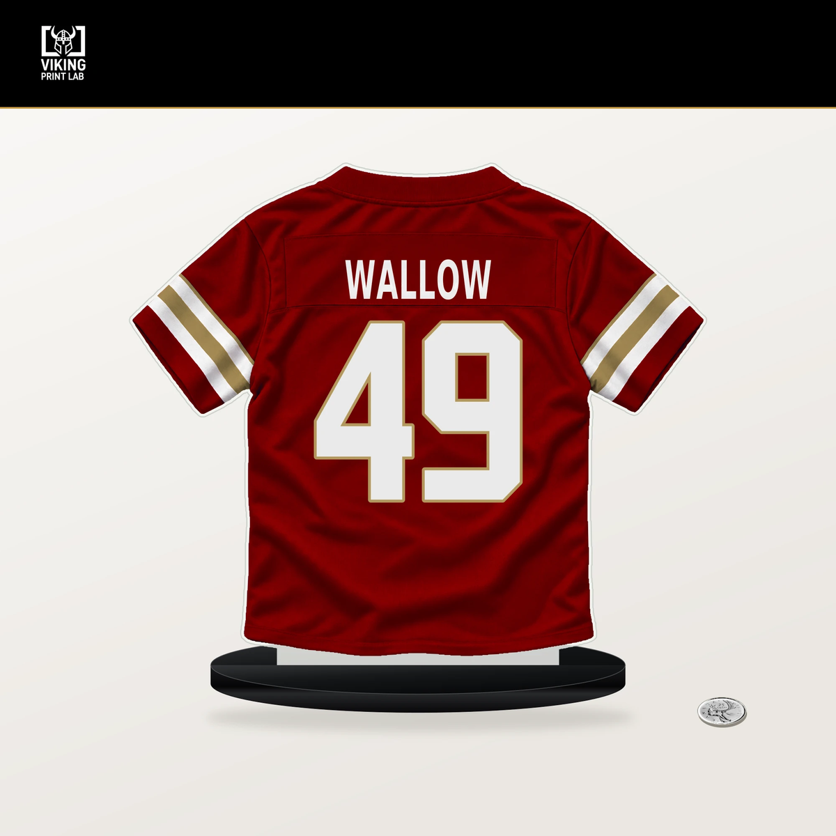 Garret Wallow number 49 San Francisco 49ers jersey stand with included black base.