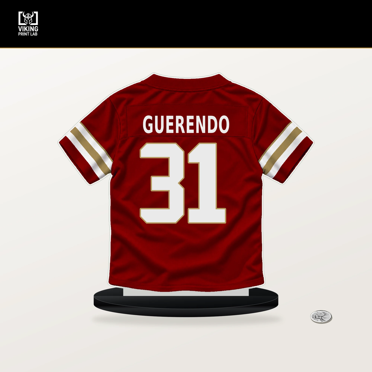 Isaac Guerendo number 31 San Francisco 49ers jersey stand with included black base.