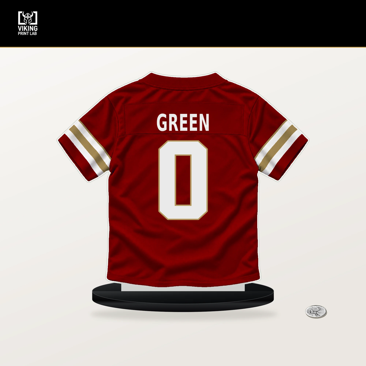 Renardo Green number 0 San Francisco 49ers jersey stand with included black base.