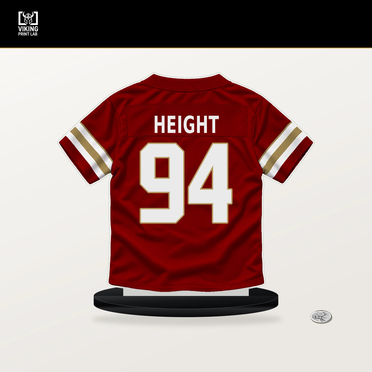 Romello Height number 94 San Francisco 49ers jersey stand with included black base.