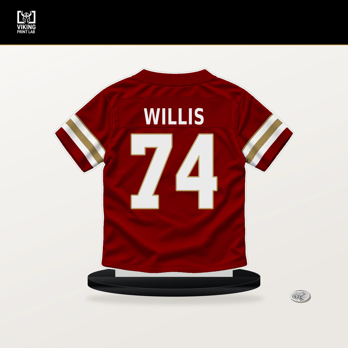 Carver Willis number 74 San Francisco 49ers jersey stand with included black base.