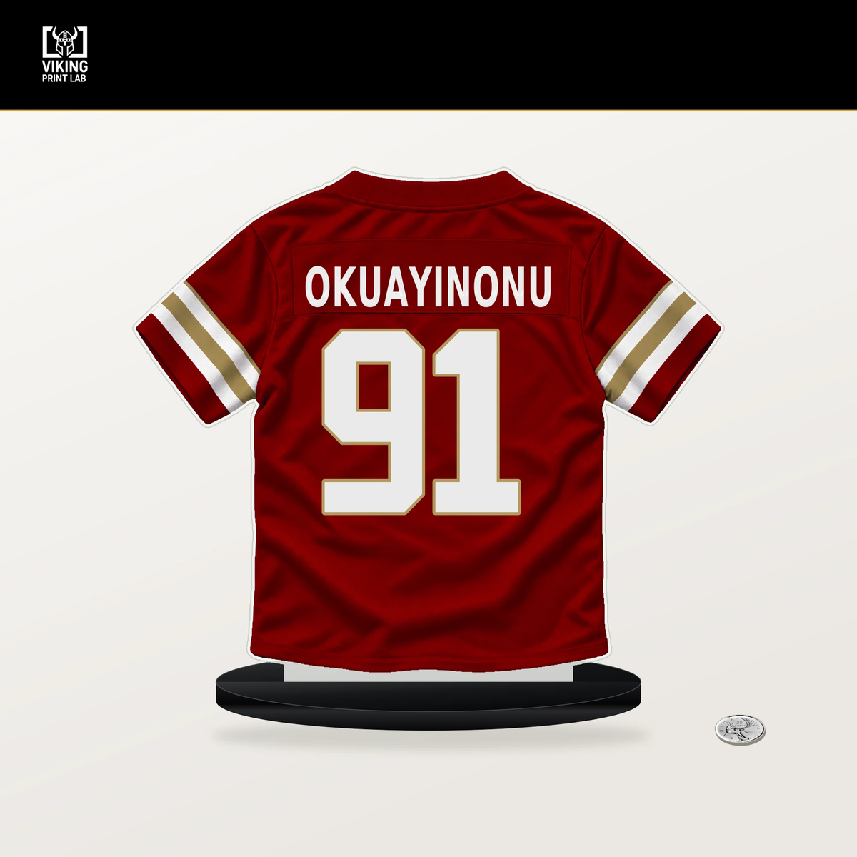 Sam Okuayinonu number 91 San Francisco 49ers jersey stand with included black base.