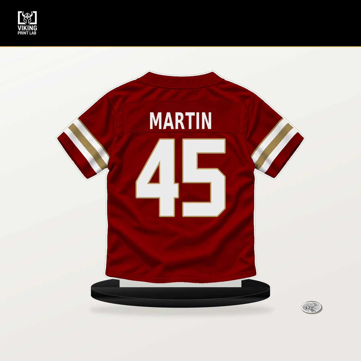 Nick Martin number 45 San Francisco 49ers jersey stand with included black base.