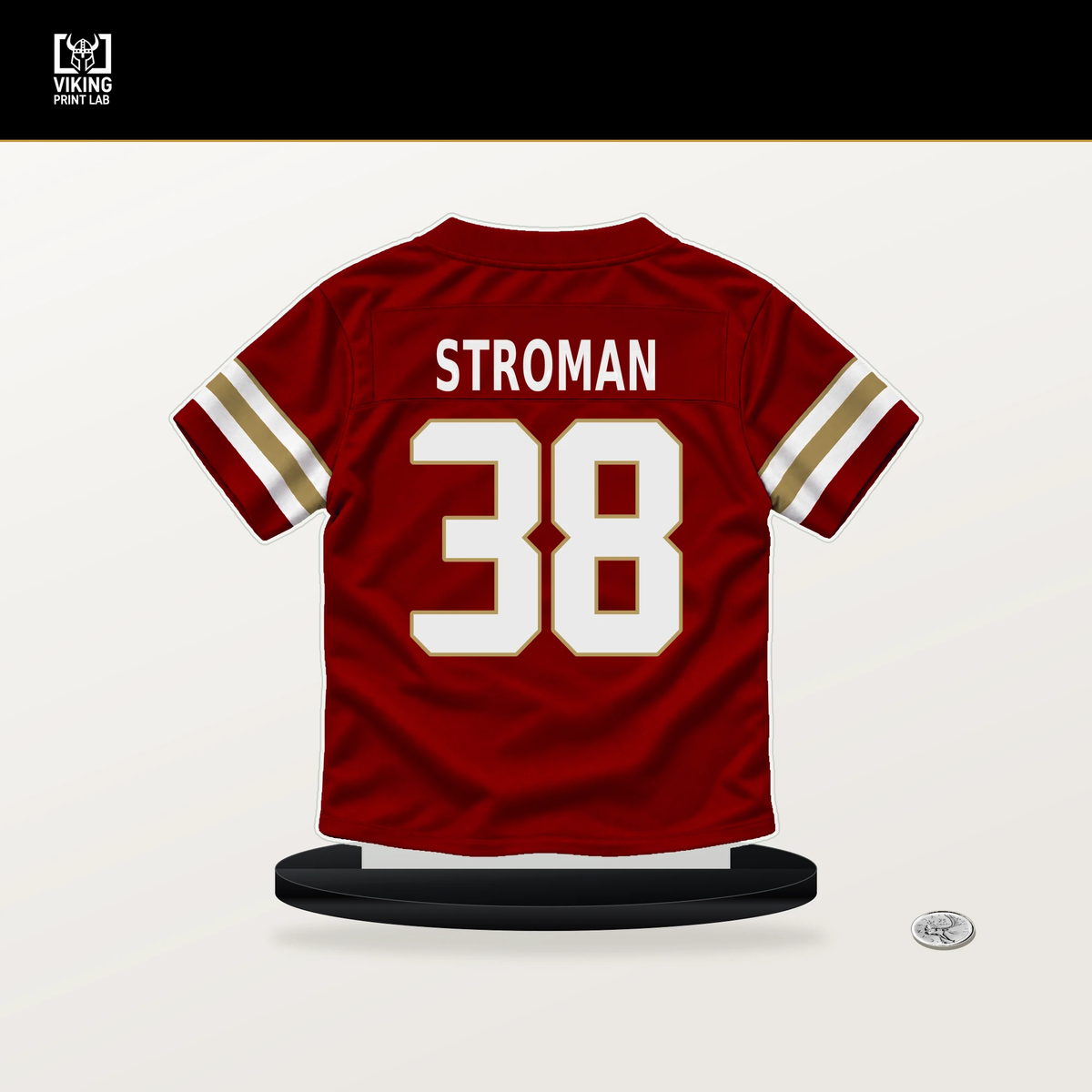 Jalen Stroman number 38 San Francisco 49ers jersey stand with included black base.