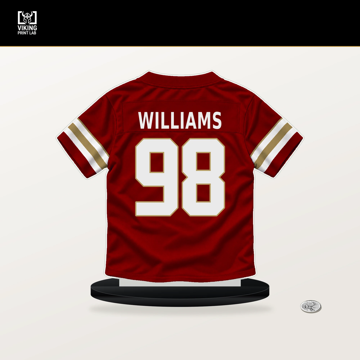 Mykel Williams number 98 San Francisco 49ers jersey stand with included black base.