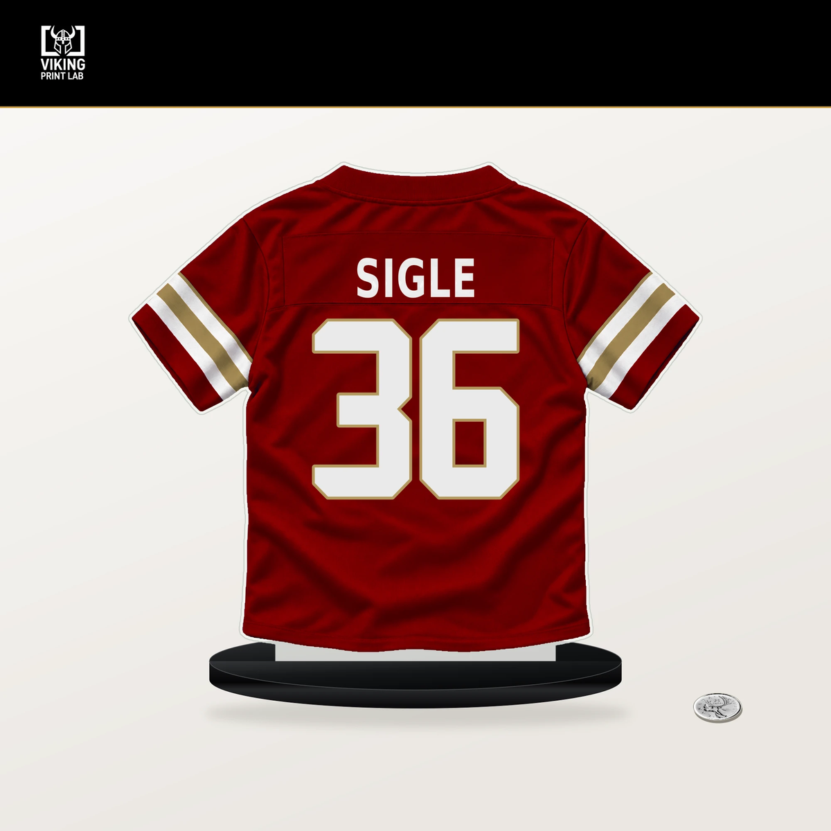 Marques Sigle number 36 San Francisco 49ers jersey stand with included black base.