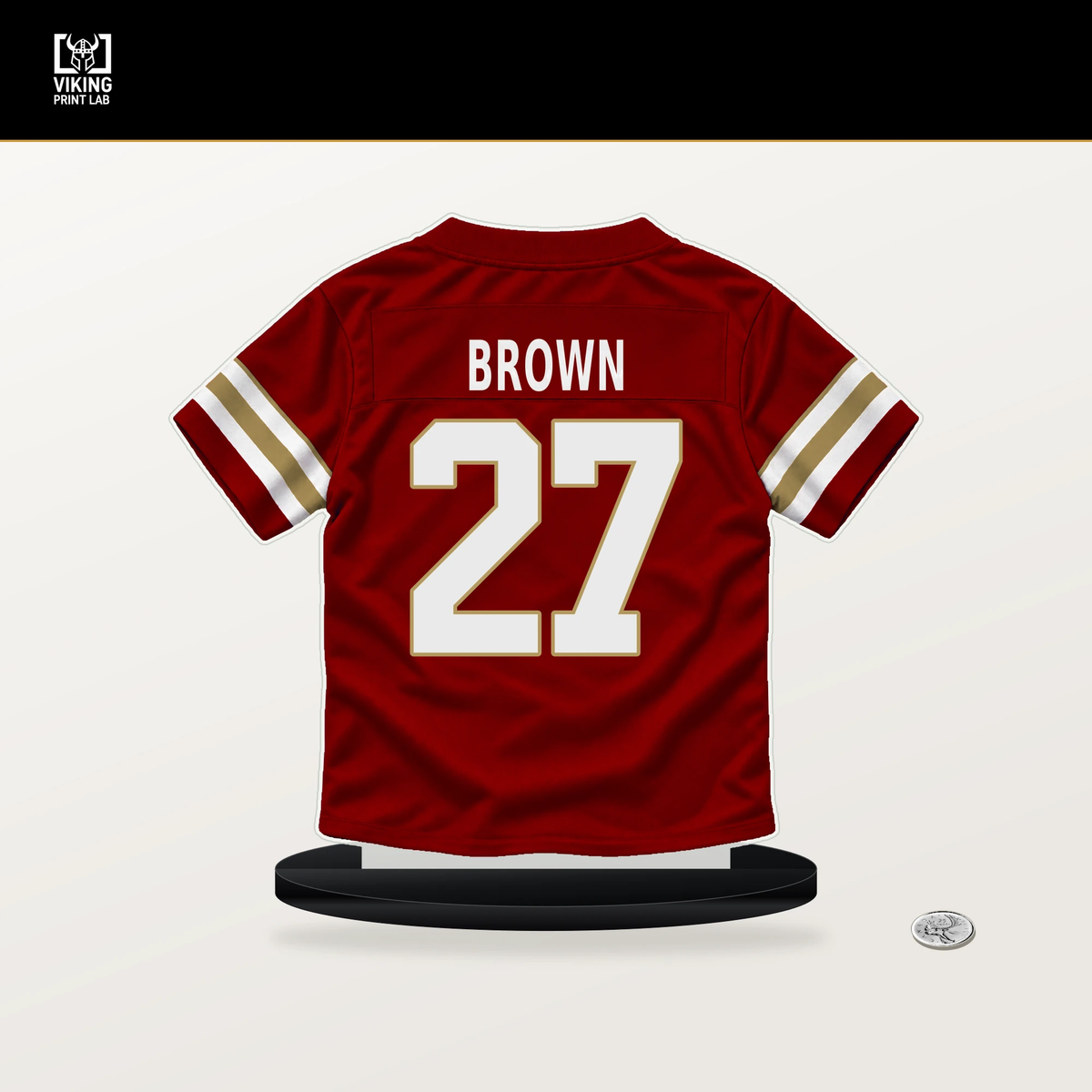 Ji'Ayir Brown number 27 San Francisco 49ers jersey stand with included black base.