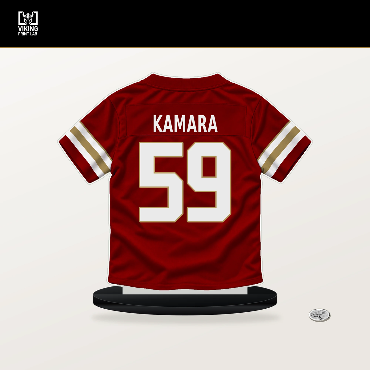 Mikail Kamara number 59 San Francisco 49ers jersey stand with included black base.