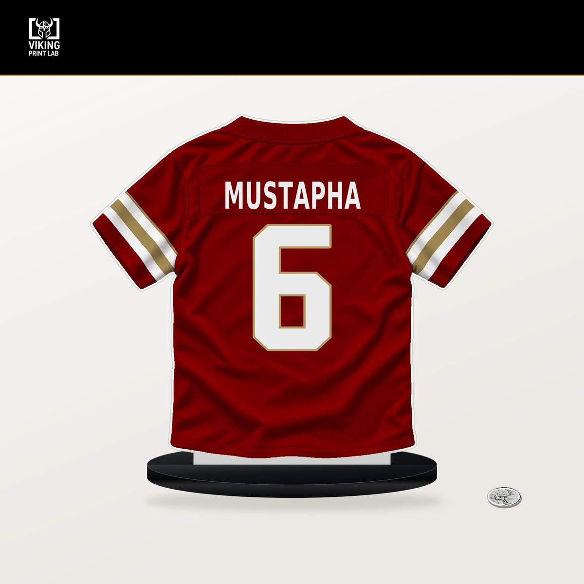 Malik Mustapha number 6 San Francisco 49ers jersey stand with included black base.
