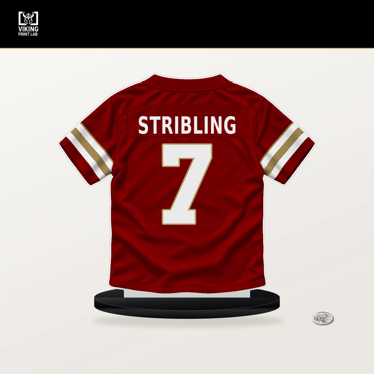 De'Zhaun Stribling number 7 San Francisco 49ers jersey stand with included black base.