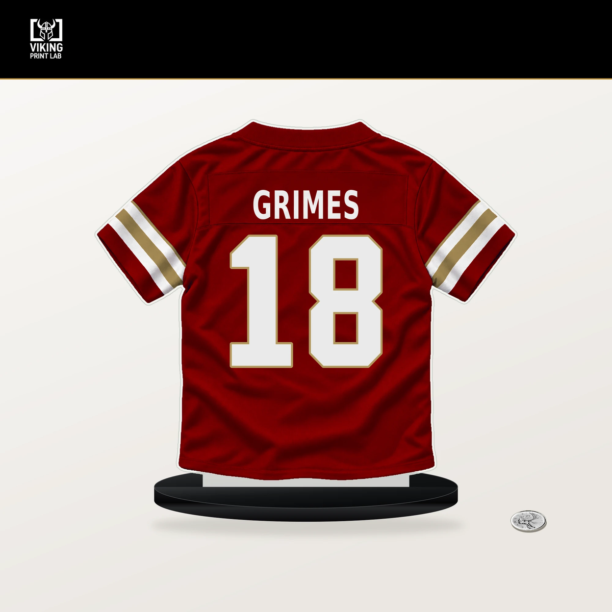 Wesley Grimes number 18 San Francisco 49ers jersey stand with included black base.