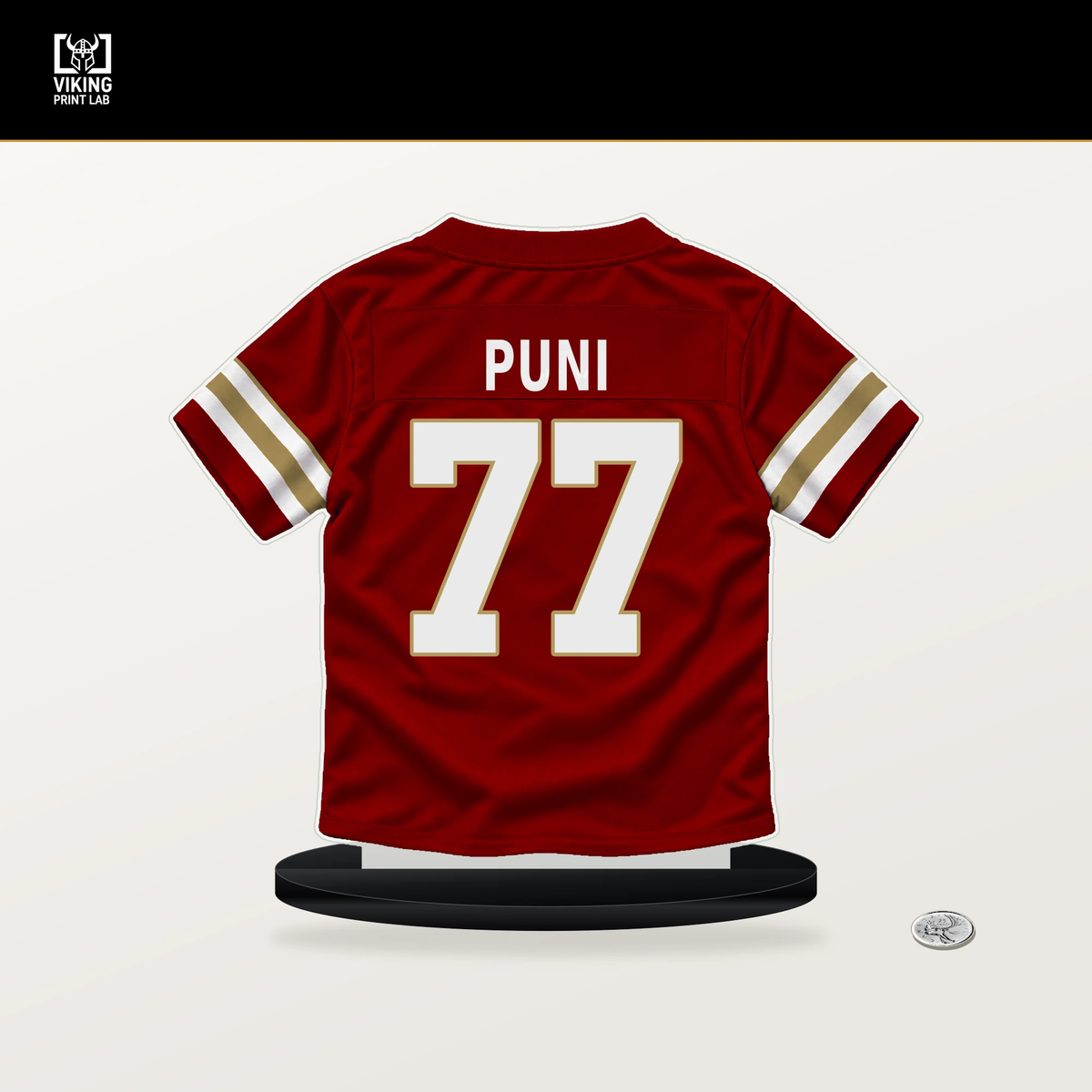 Dominick Puni number 77 San Francisco 49ers jersey stand with included black base.