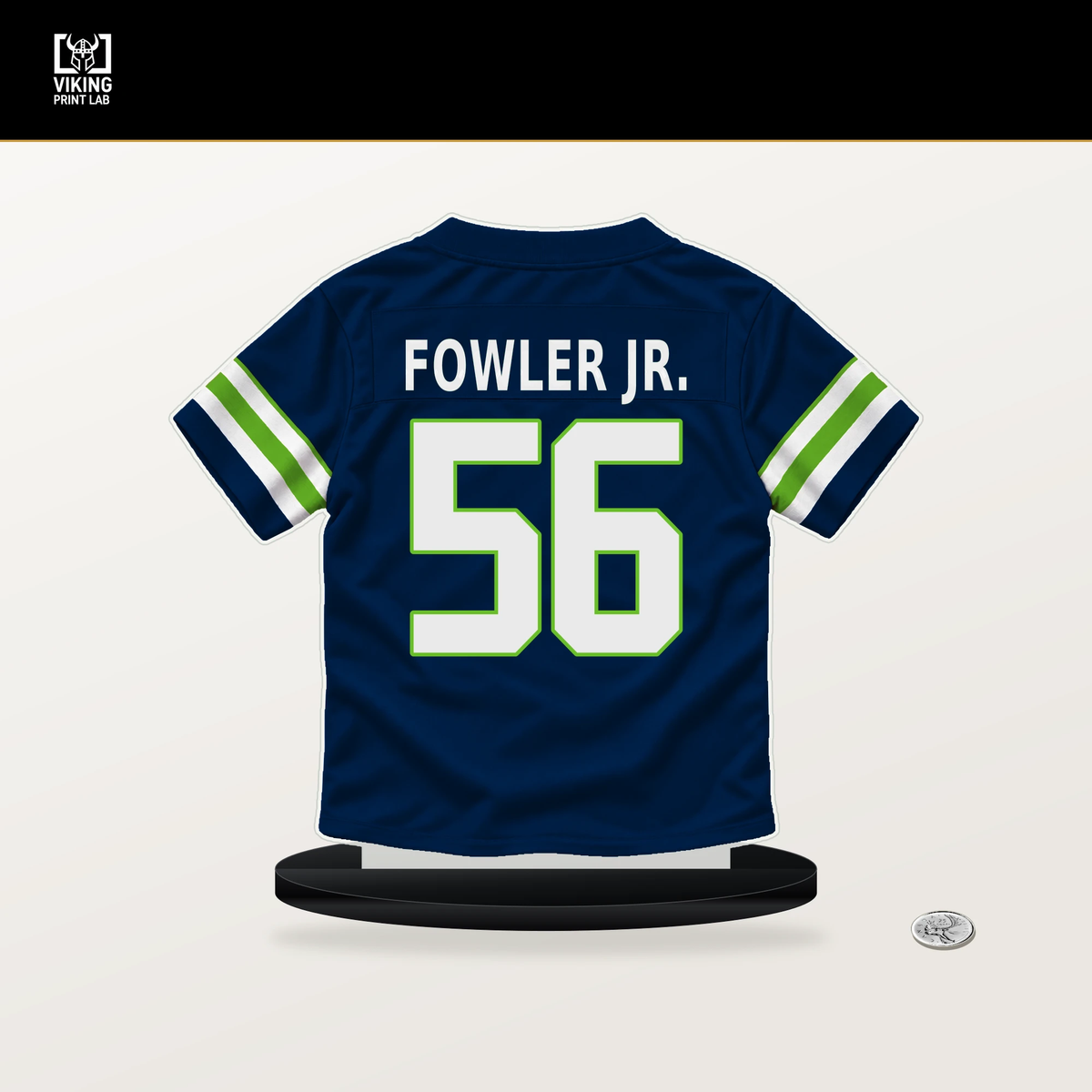 Dante Fowler Jr. number 56 Seattle Seahawks jersey stand with included black base.