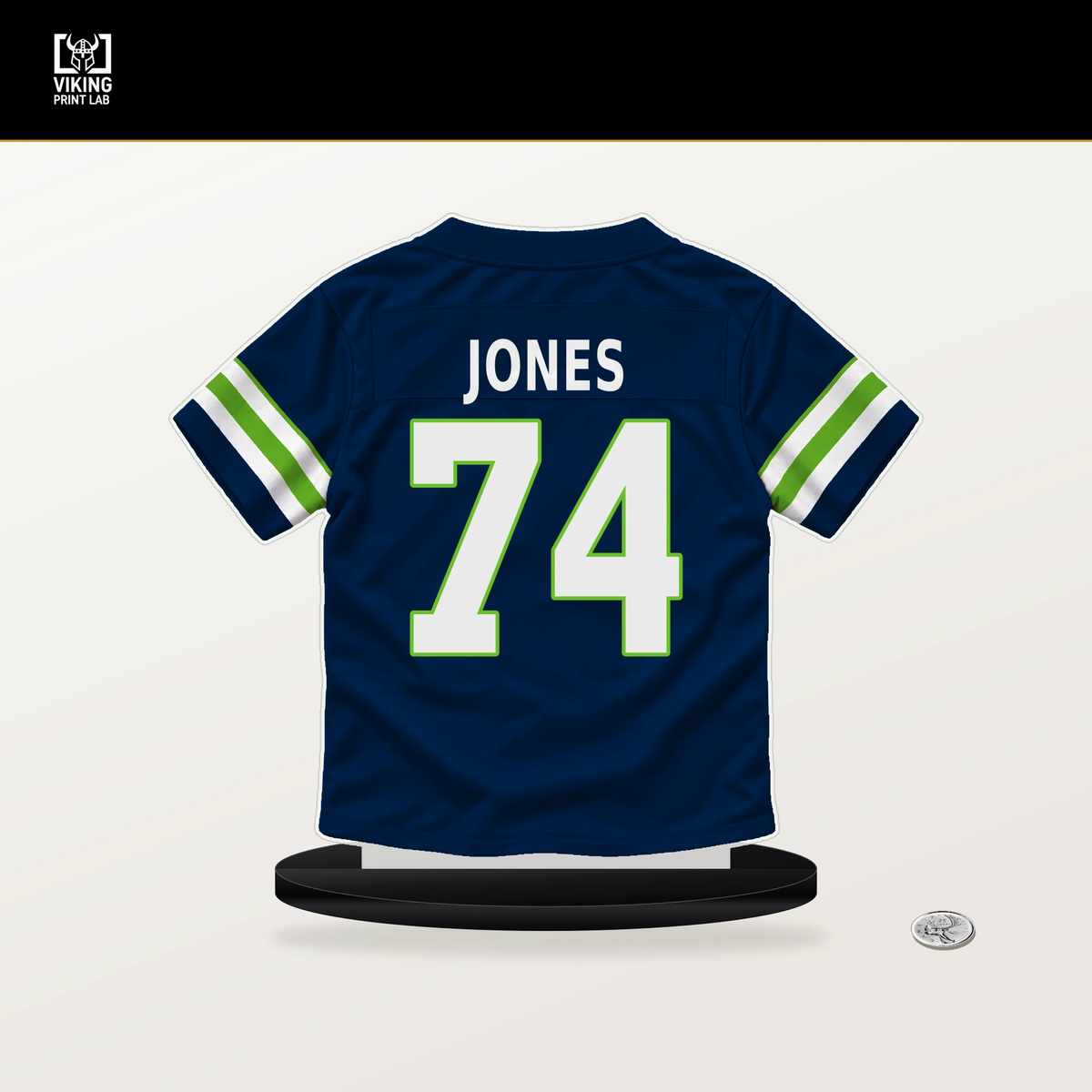 Josh Jones number 74 Seattle Seahawks jersey stand with included black base.