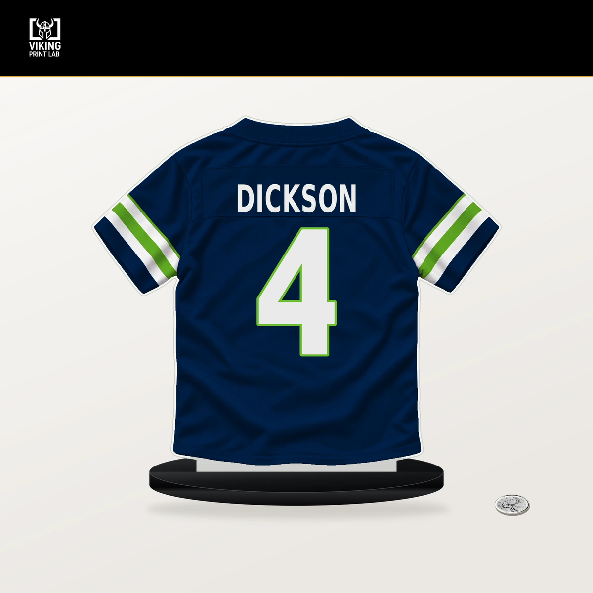 Michael Dickson number 4 Seattle Seahawks jersey stand with included black base.