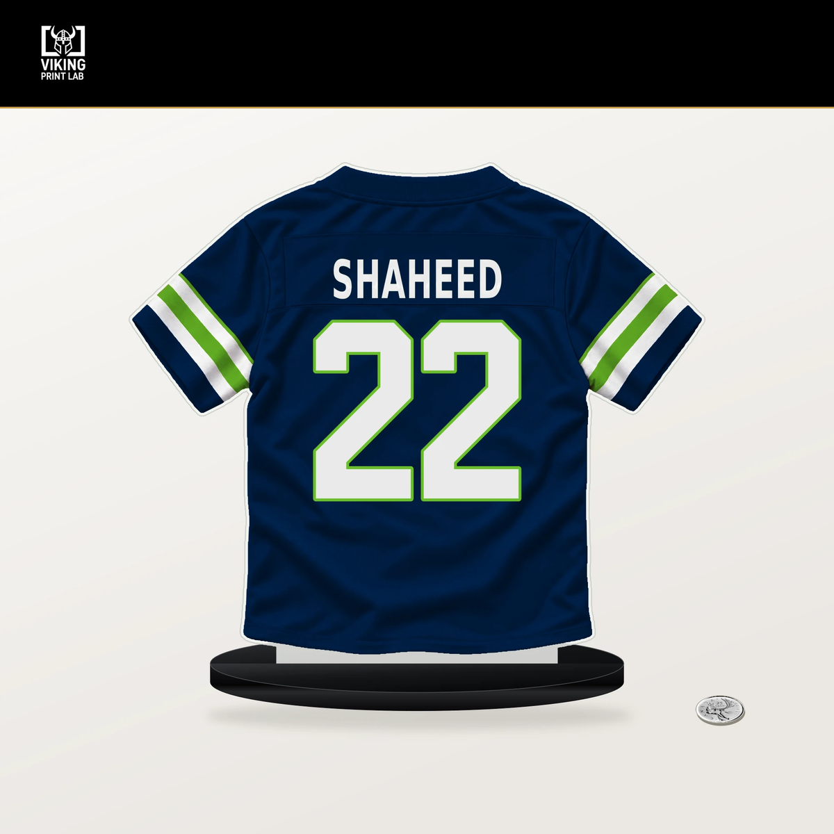 Rashid Shaheed number 22 Seattle Seahawks jersey stand with included black base.