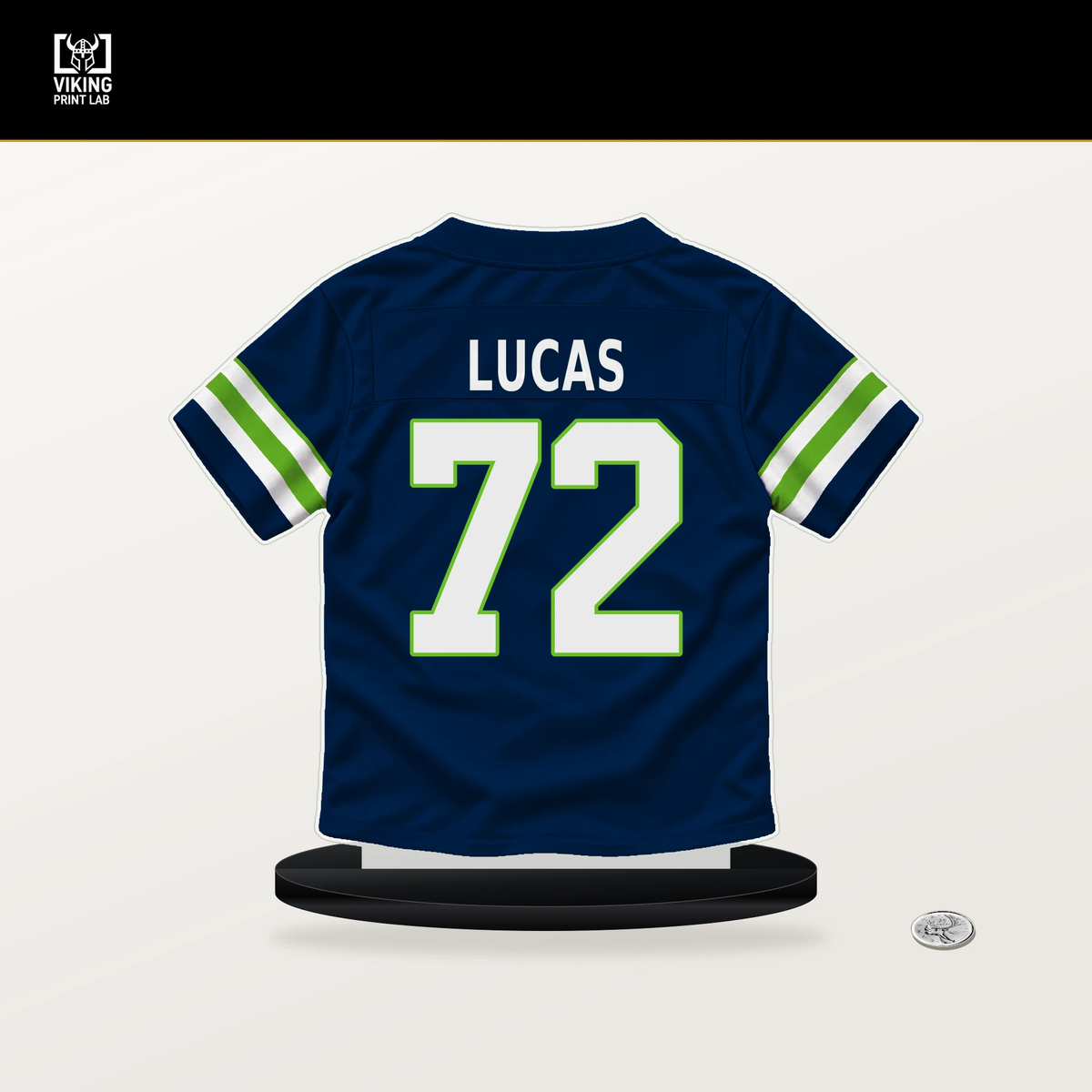 Abraham Lucas number 72 Seattle Seahawks jersey stand with included black base.