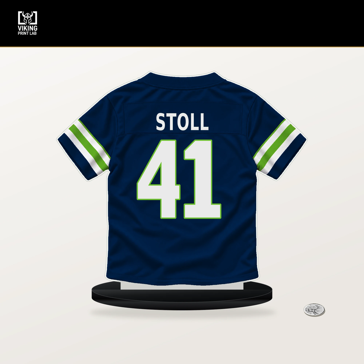 Chris Stoll number 41 Seattle Seahawks jersey stand with included black base.