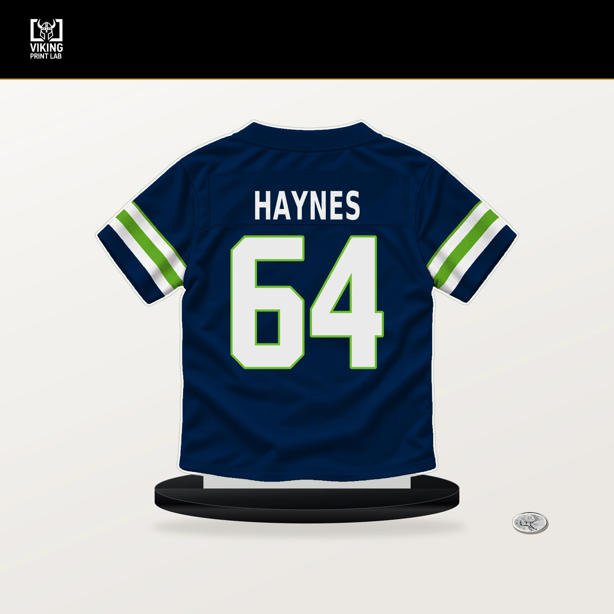 Christian Haynes number 64 Seattle Seahawks jersey stand with included black base.