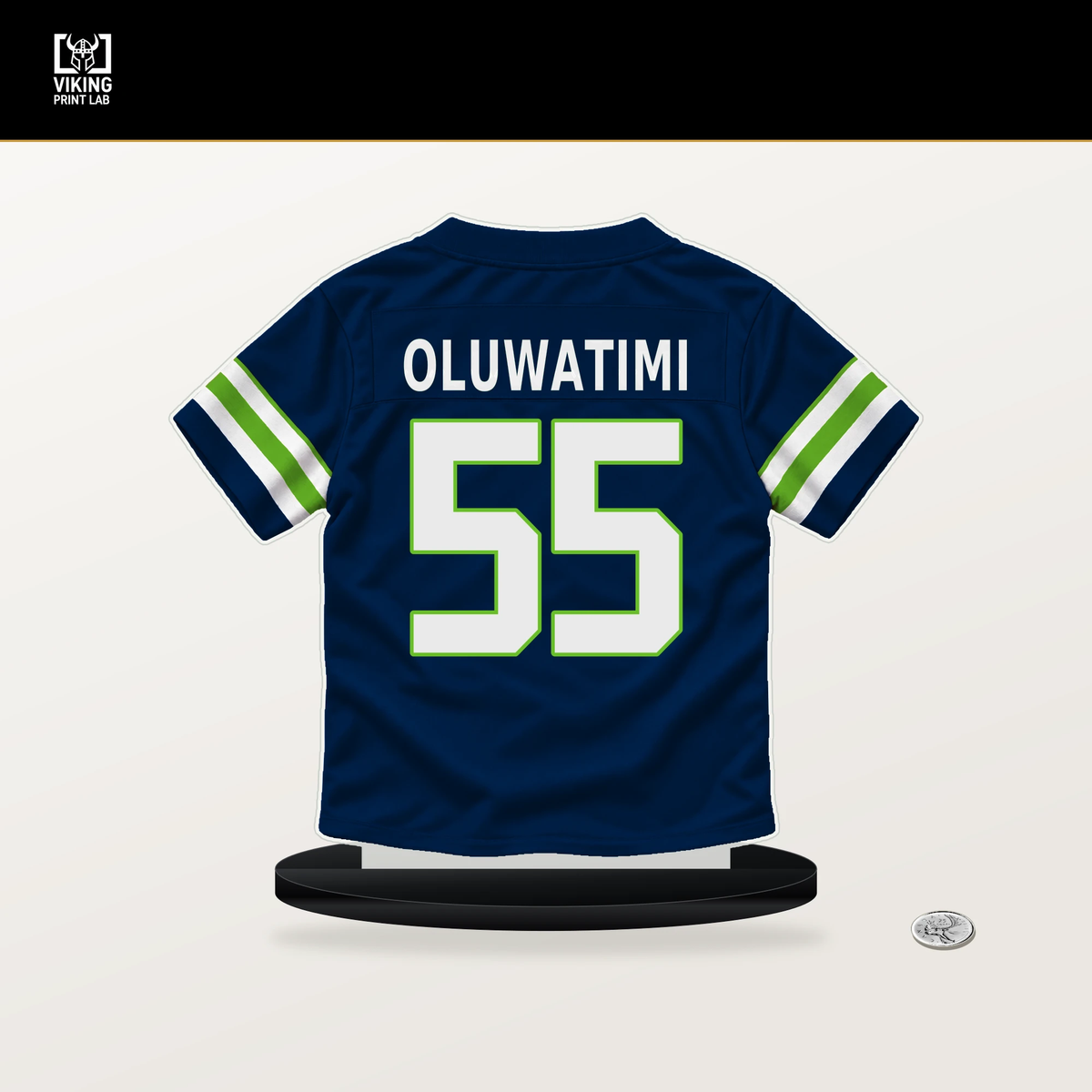 Olu Oluwatimi number 55 Seattle Seahawks jersey stand with included black base.