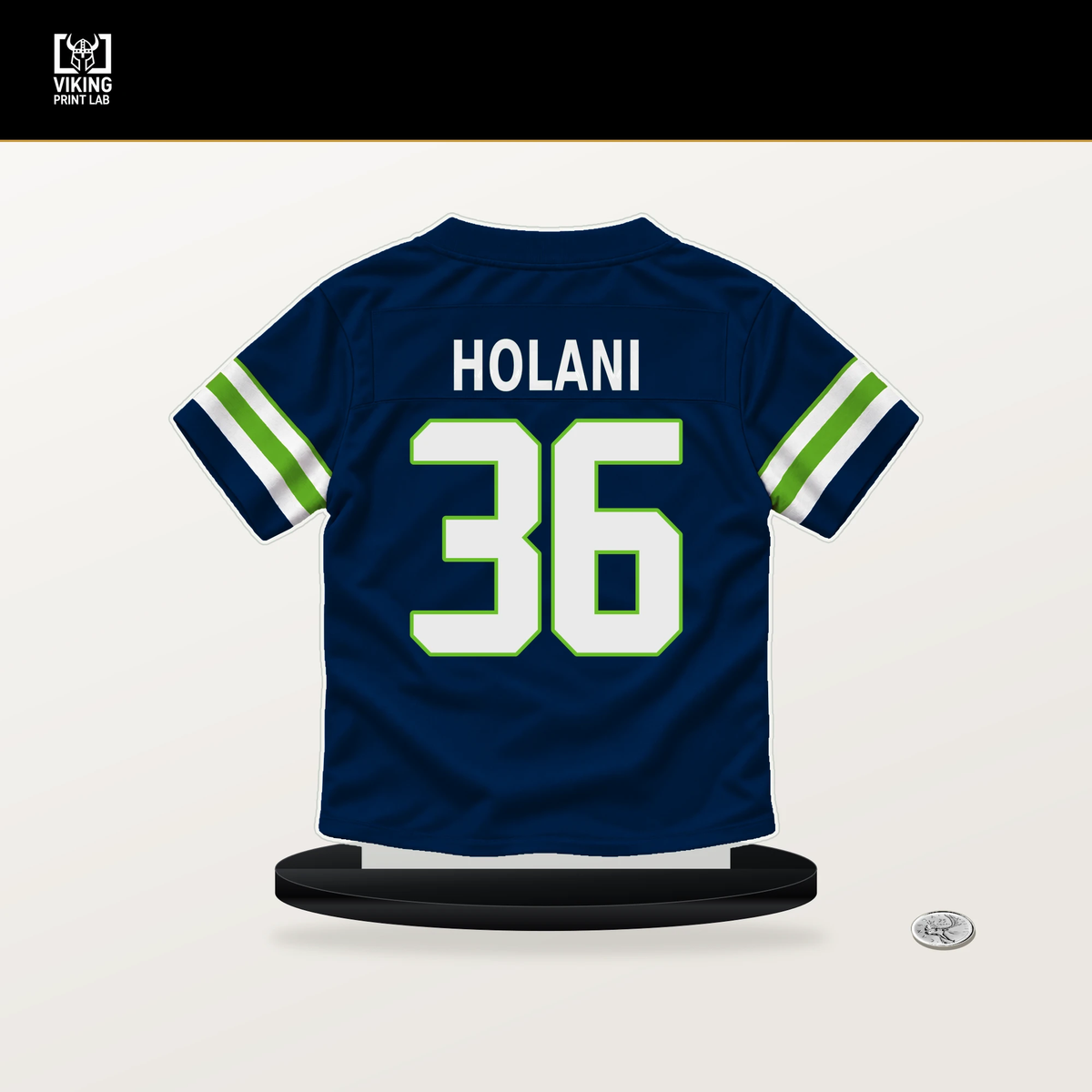 George Holani number 36 Seattle Seahawks jersey stand with included black base.