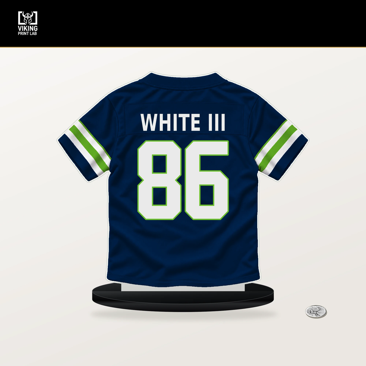 Ricky White III number 86 Seattle Seahawks jersey stand with included black base.