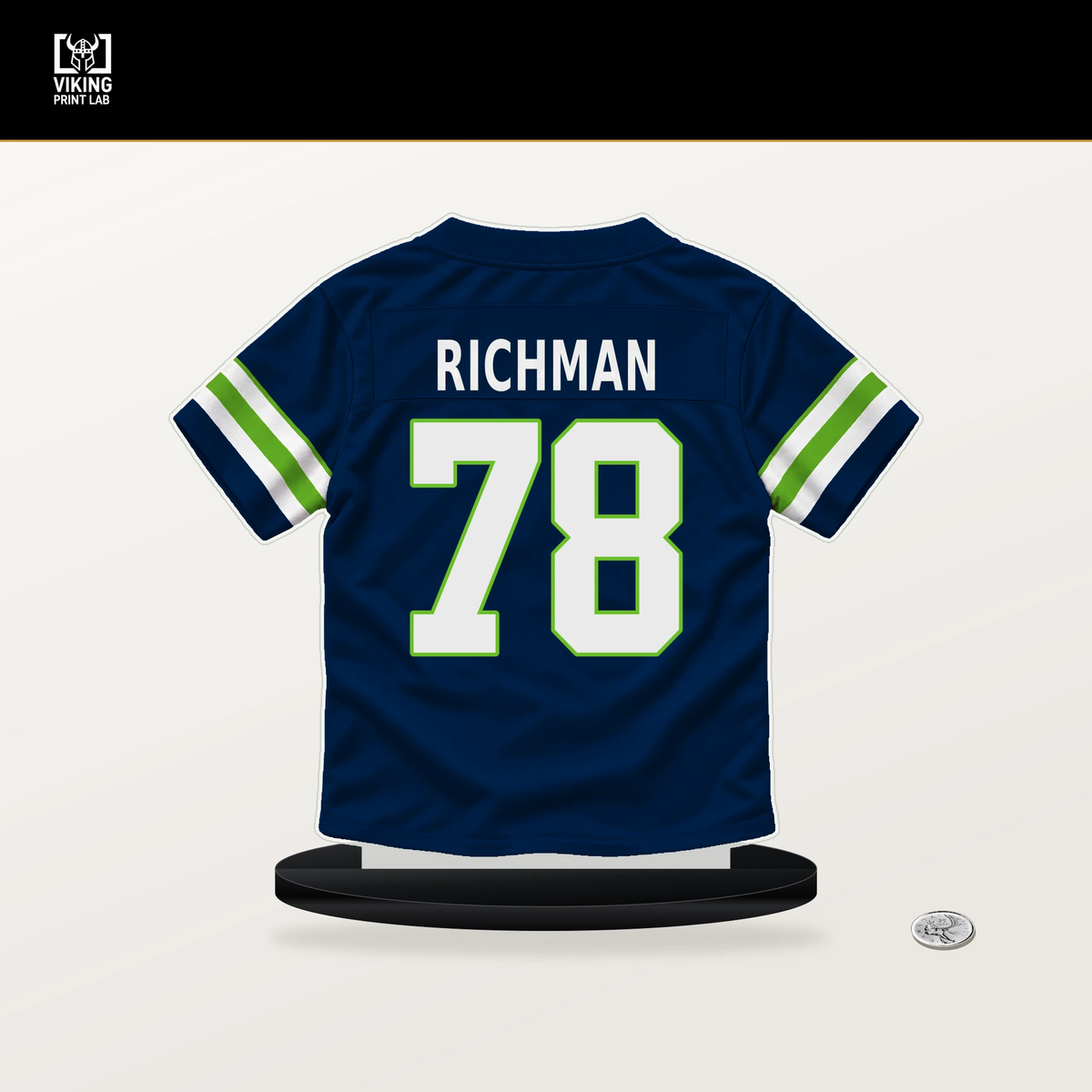 Mason Richman number 78 Seattle Seahawks jersey stand with included black base.