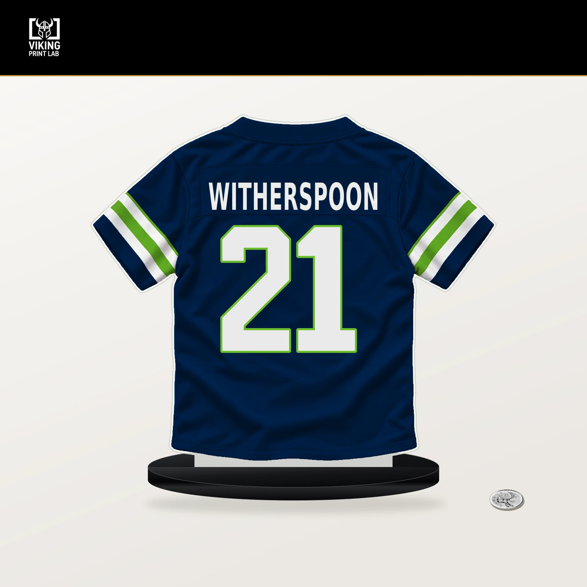 Devon Witherspoon number 21 Seattle Seahawks jersey stand with included black base.