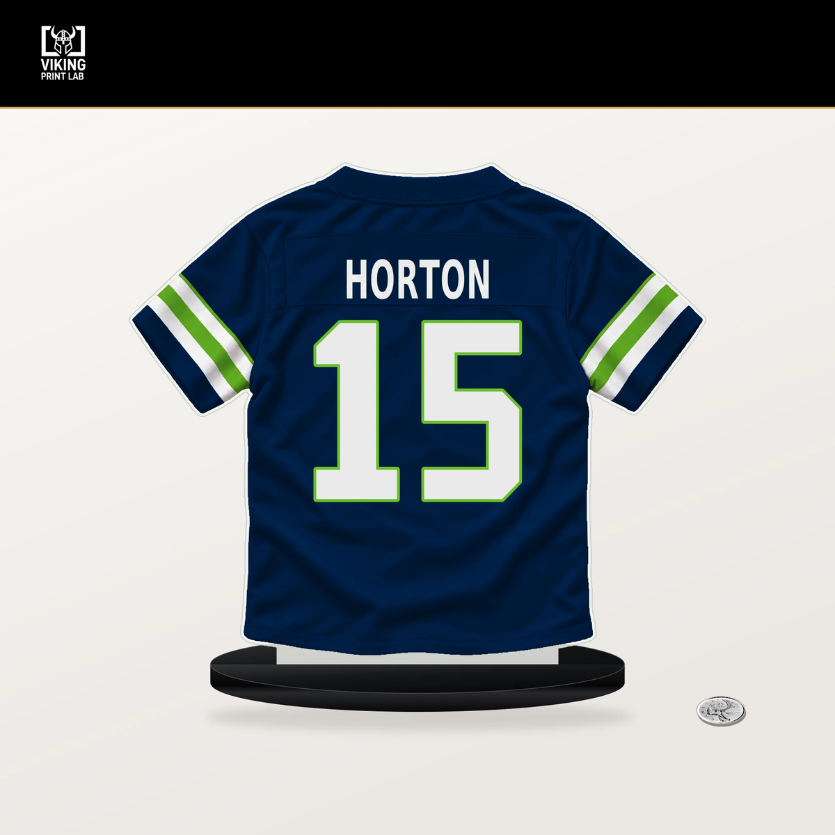 Tory Horton number 15 Seattle Seahawks jersey stand with included black base.
