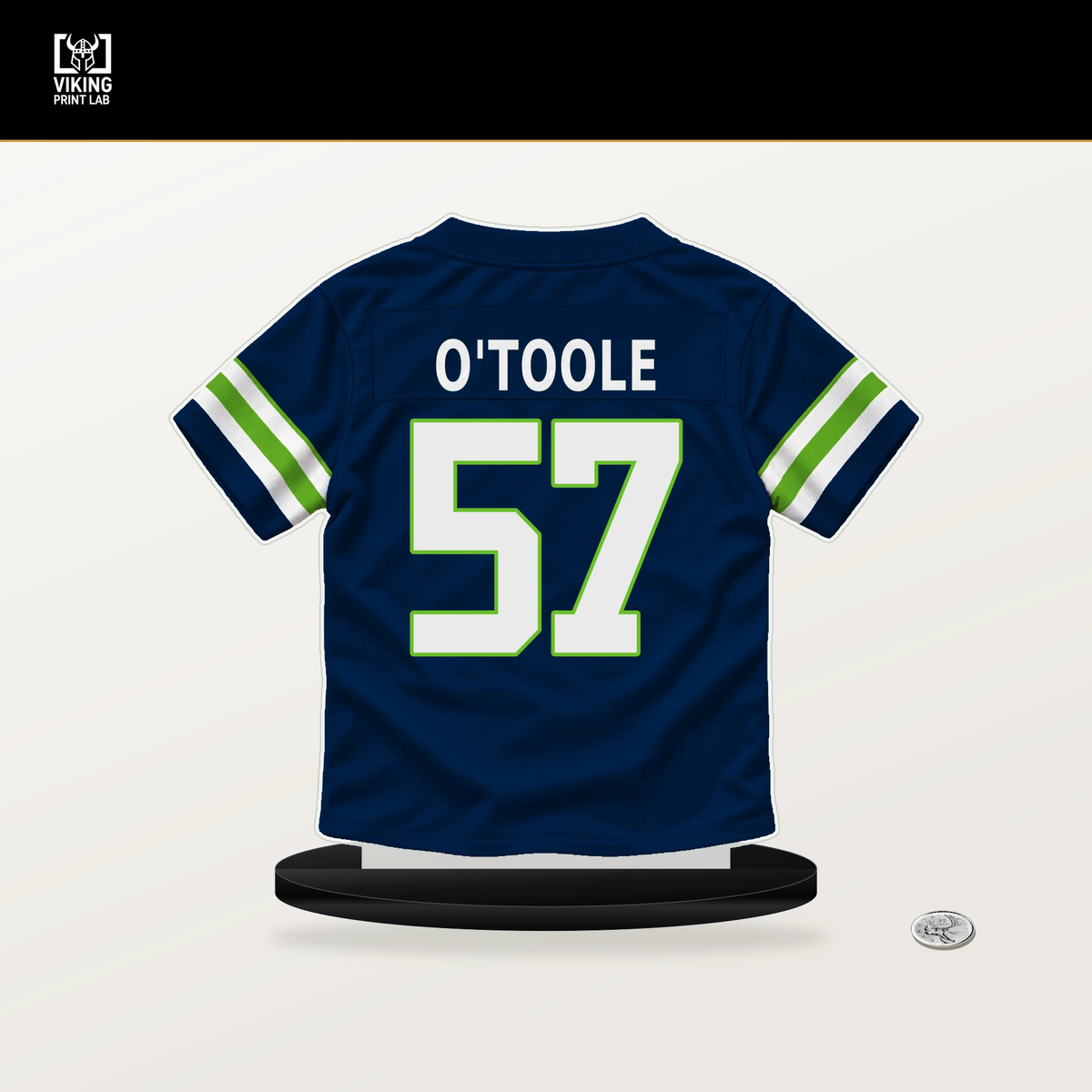 Connor O'Toole number 57 Seattle Seahawks jersey stand with included black base.