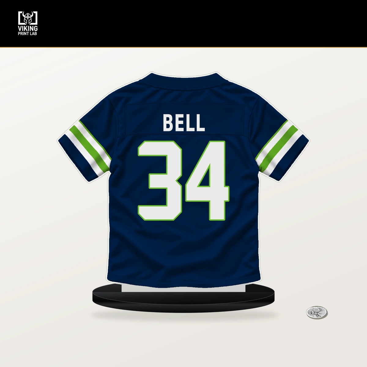 D'Anthony Bell number 34 Seattle Seahawks jersey stand with included black base.