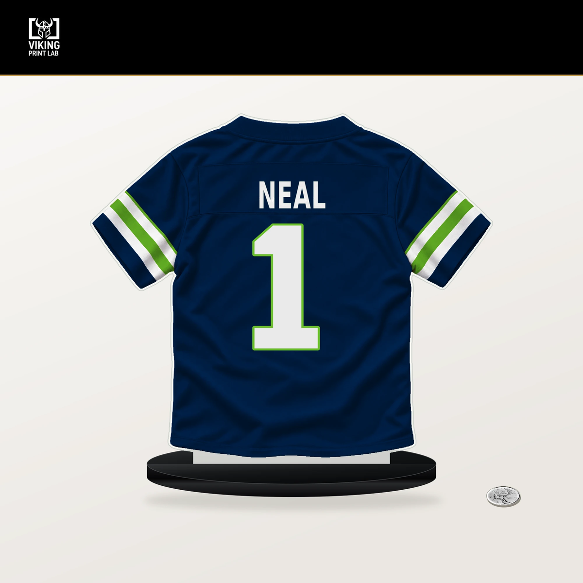 Julian Neal number 1 Seattle Seahawks jersey stand with included black base.