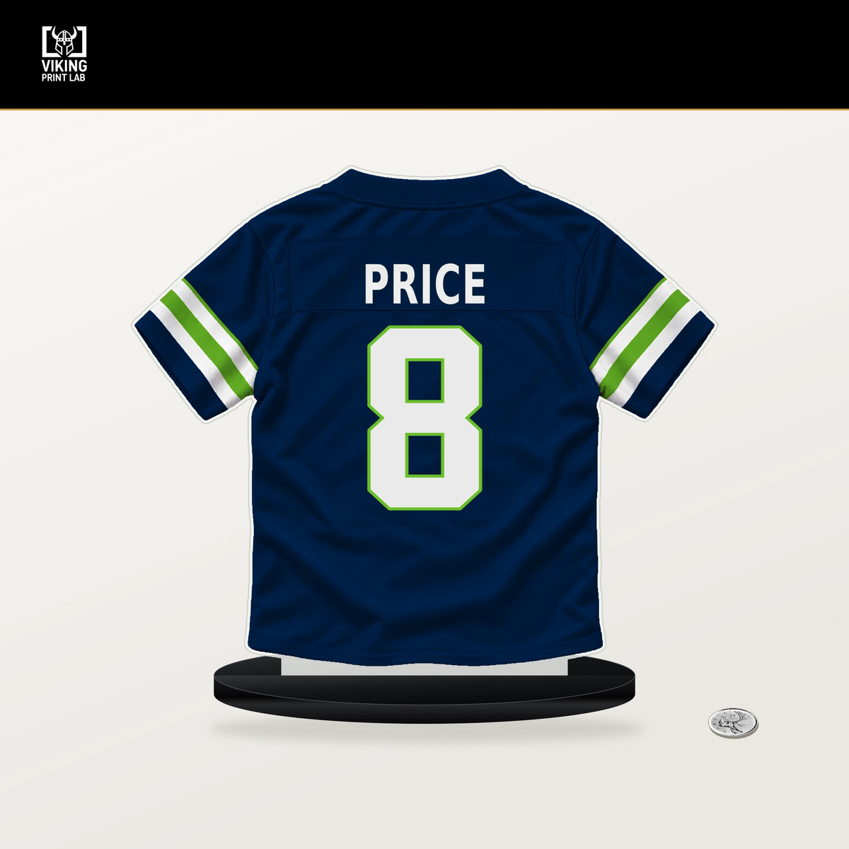 Jadarian Price number 8 Seattle Seahawks jersey stand with included black base.