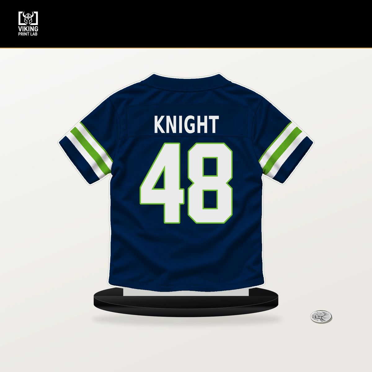Tyrice Knight number 48 Seattle Seahawks jersey stand with included black base.