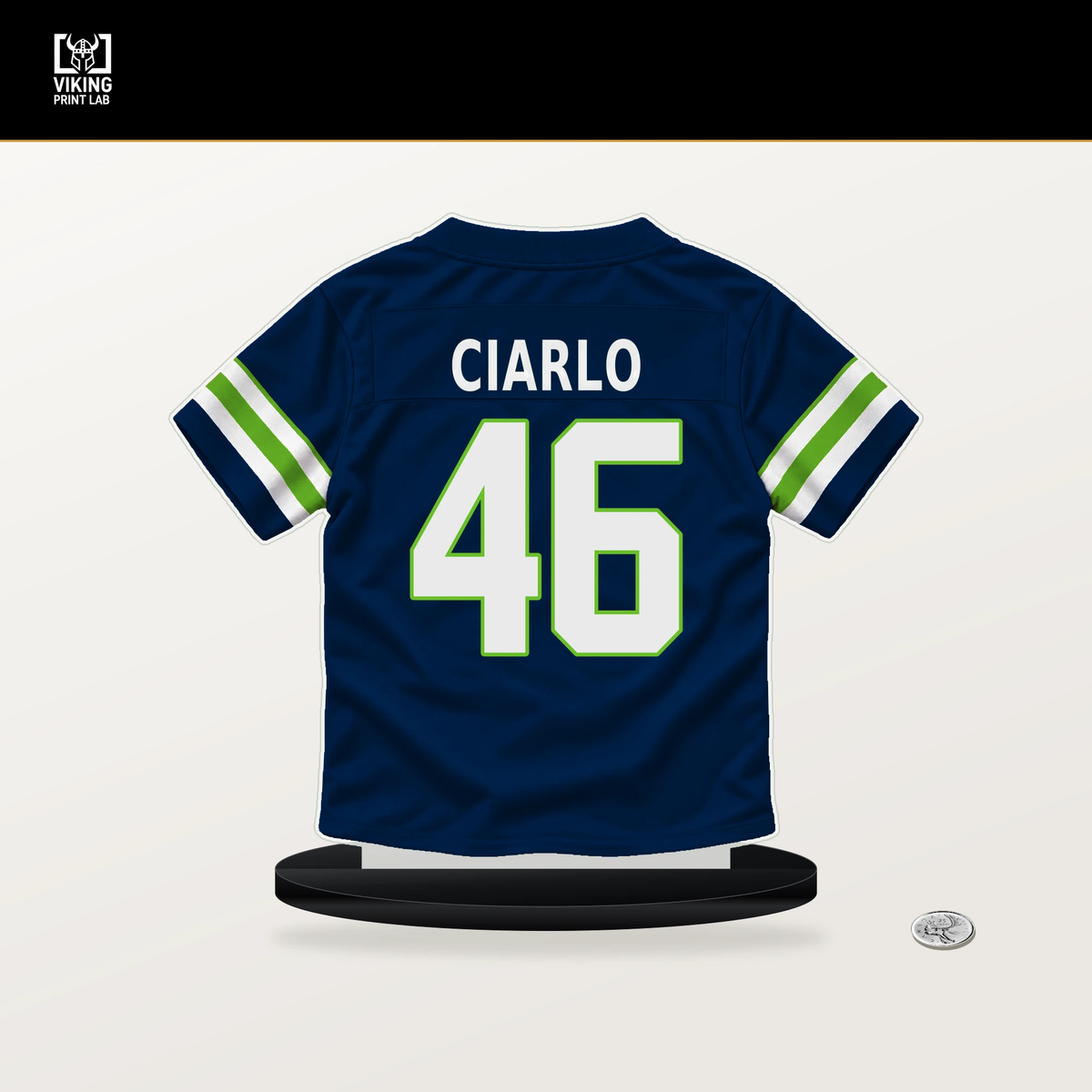 Jimmy Ciarlo number 46 Seattle Seahawks jersey stand with included black base.