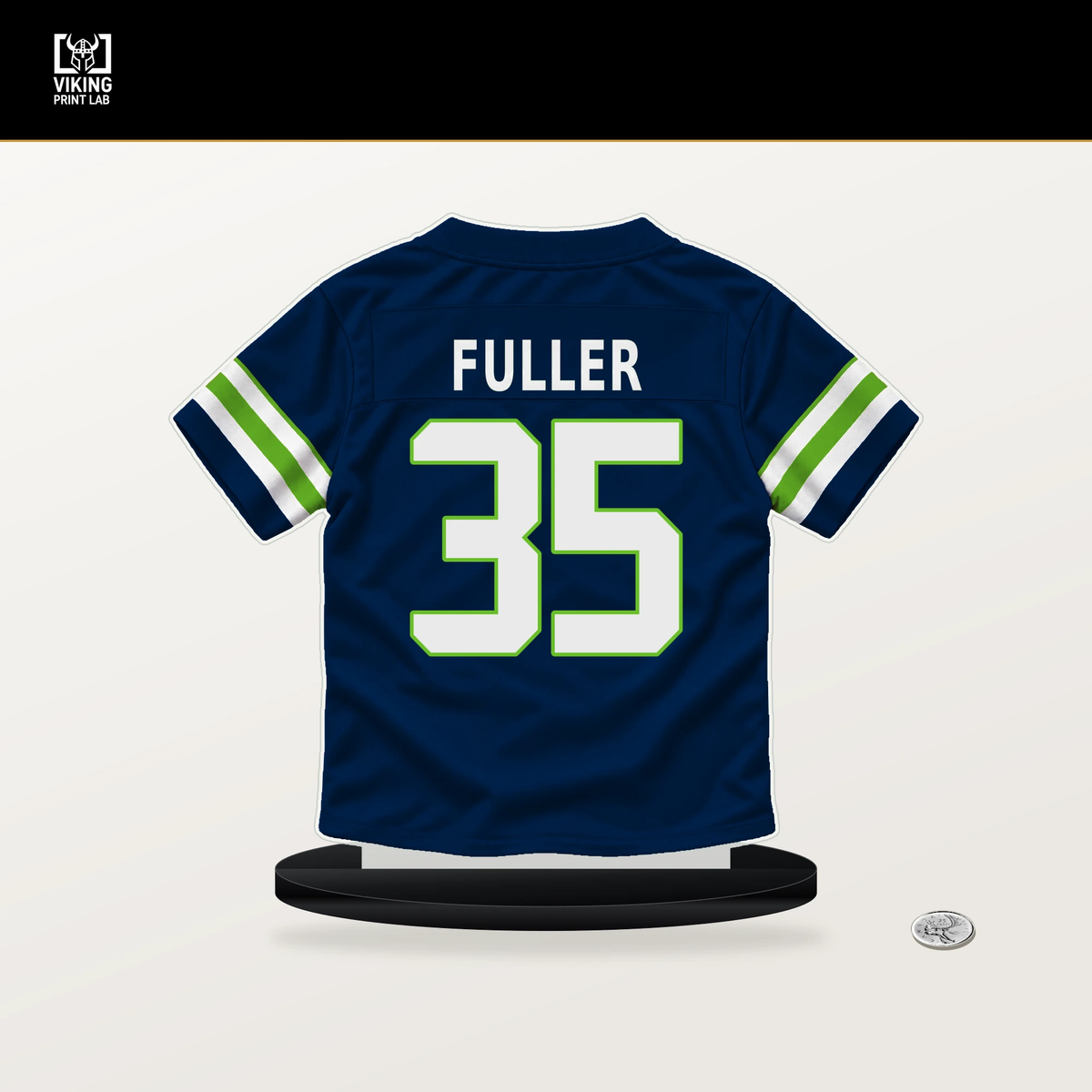 Andre Fuller number 35 Seattle Seahawks jersey stand with included black base.