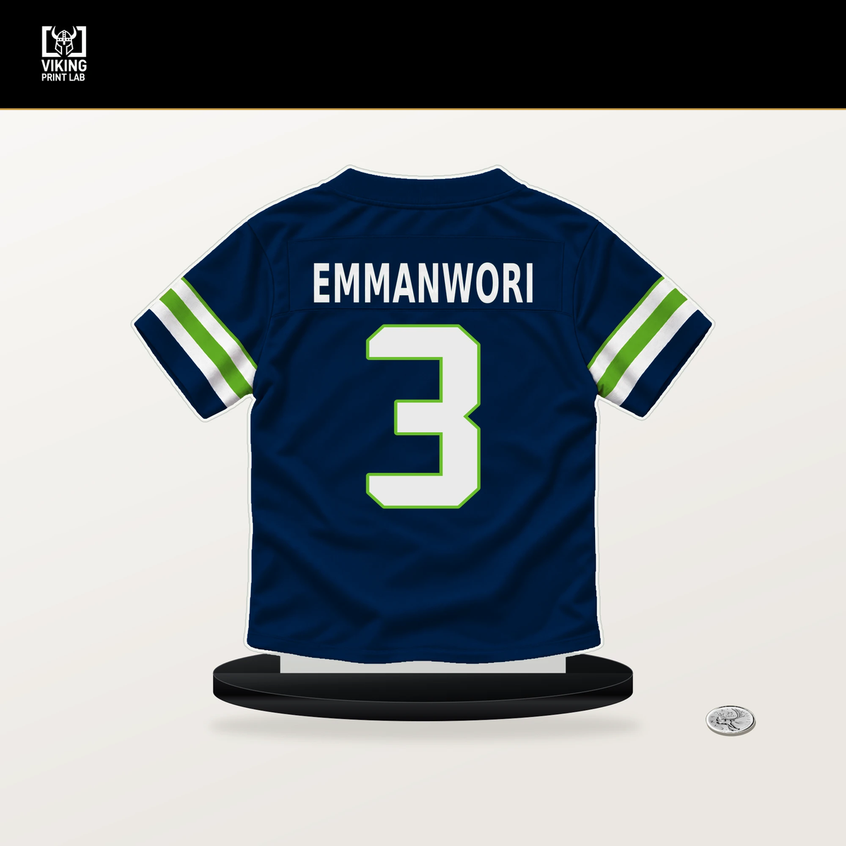 Nick Emmanwori number 3 Seattle Seahawks jersey stand with included black base.