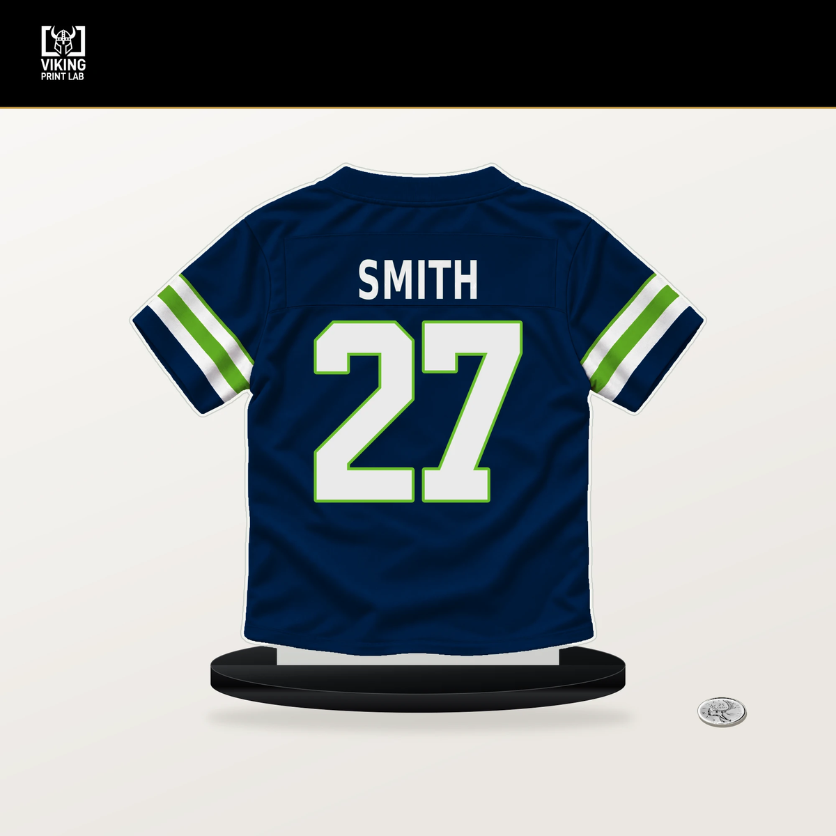 Avery Smith number 27 Seattle Seahawks jersey stand with included black base.