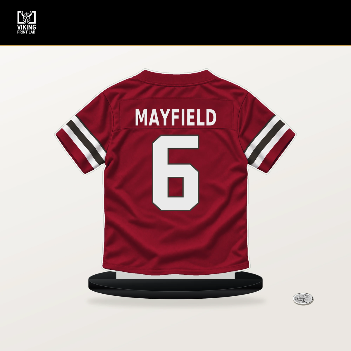 Baker Mayfield number 6 Tampa Bay Buccaneers jersey stand with included black base.