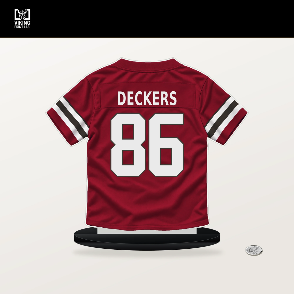 Evan Deckers number 86 Tampa Bay Buccaneers jersey stand with included black base.