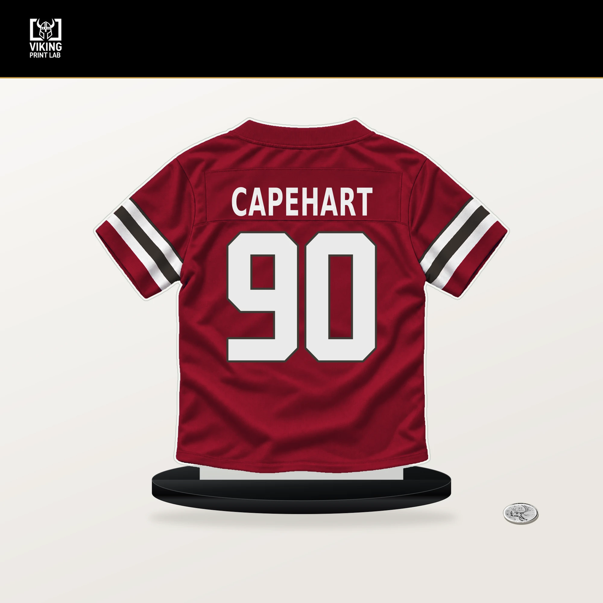 DeMonte Capehart number 90 Tampa Bay Buccaneers jersey stand with included black base.