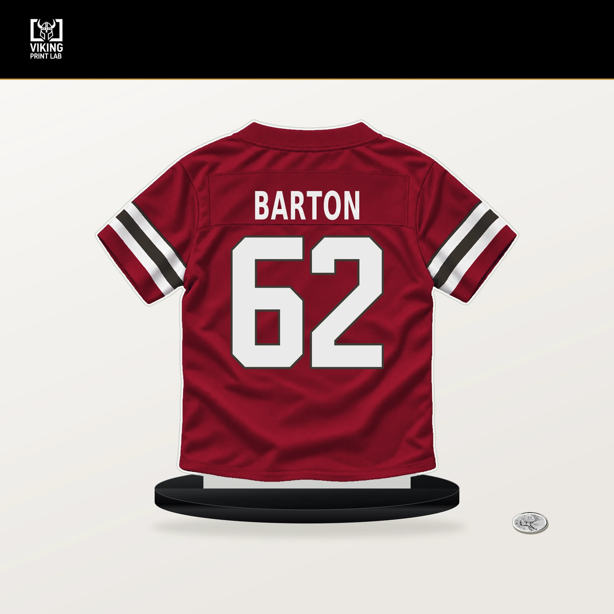 Graham Barton number 62 Tampa Bay Buccaneers jersey stand with included black base.