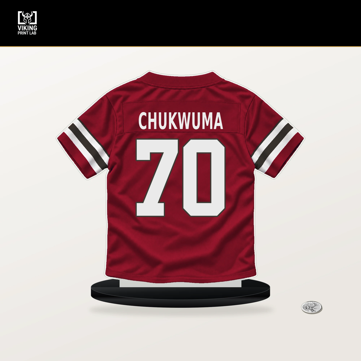 Benjamin Chukwuma number 70 Tampa Bay Buccaneers jersey stand with included black base.